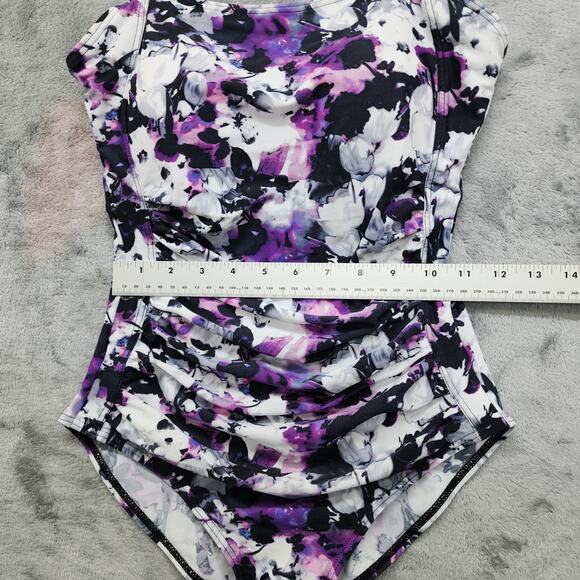 NEW Jusfitsu Swimsuit Size 6 Purple Black Floral Ruched Tummy Control High Cut - Picture 9 of 12